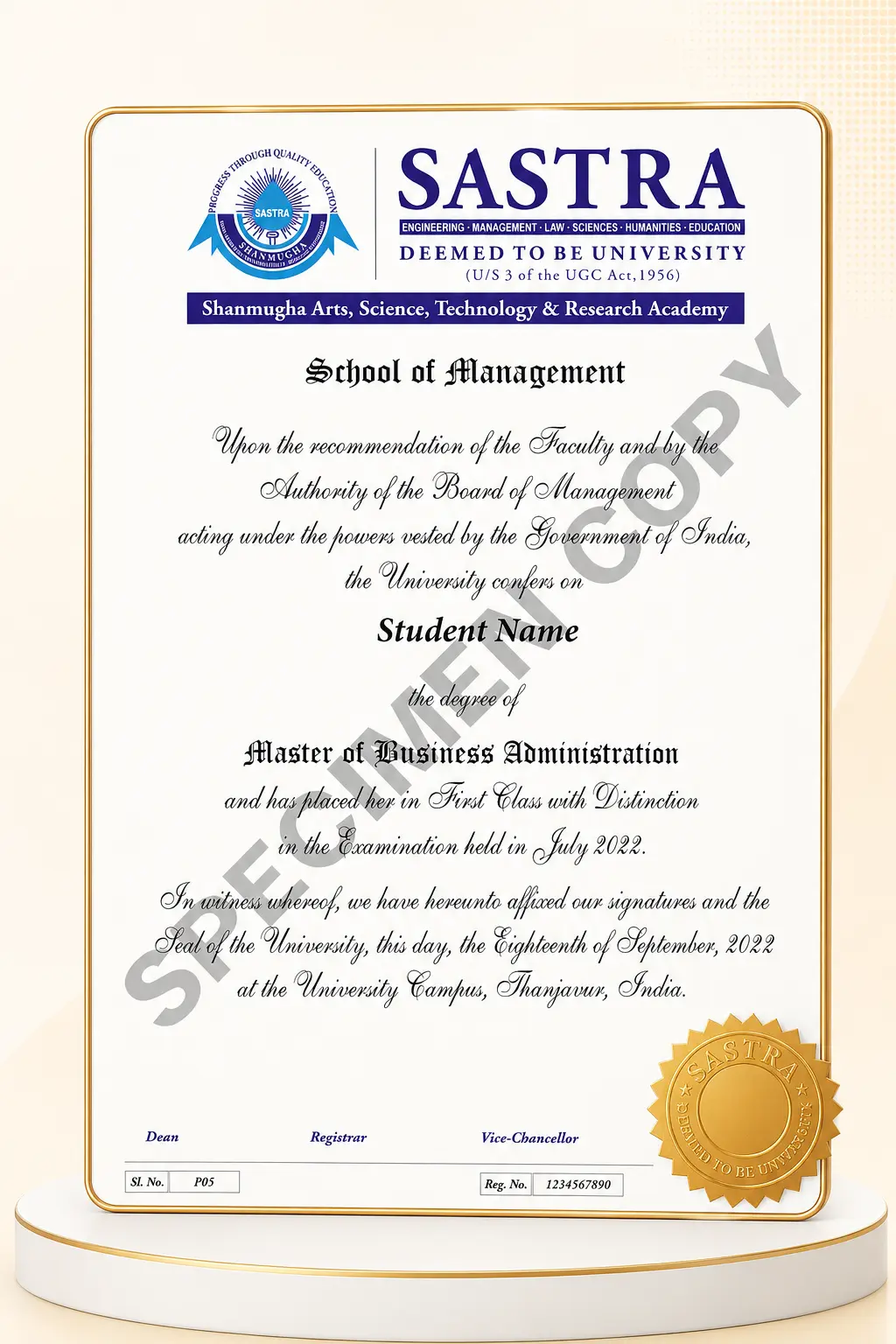 SASTRA MBA Certificate